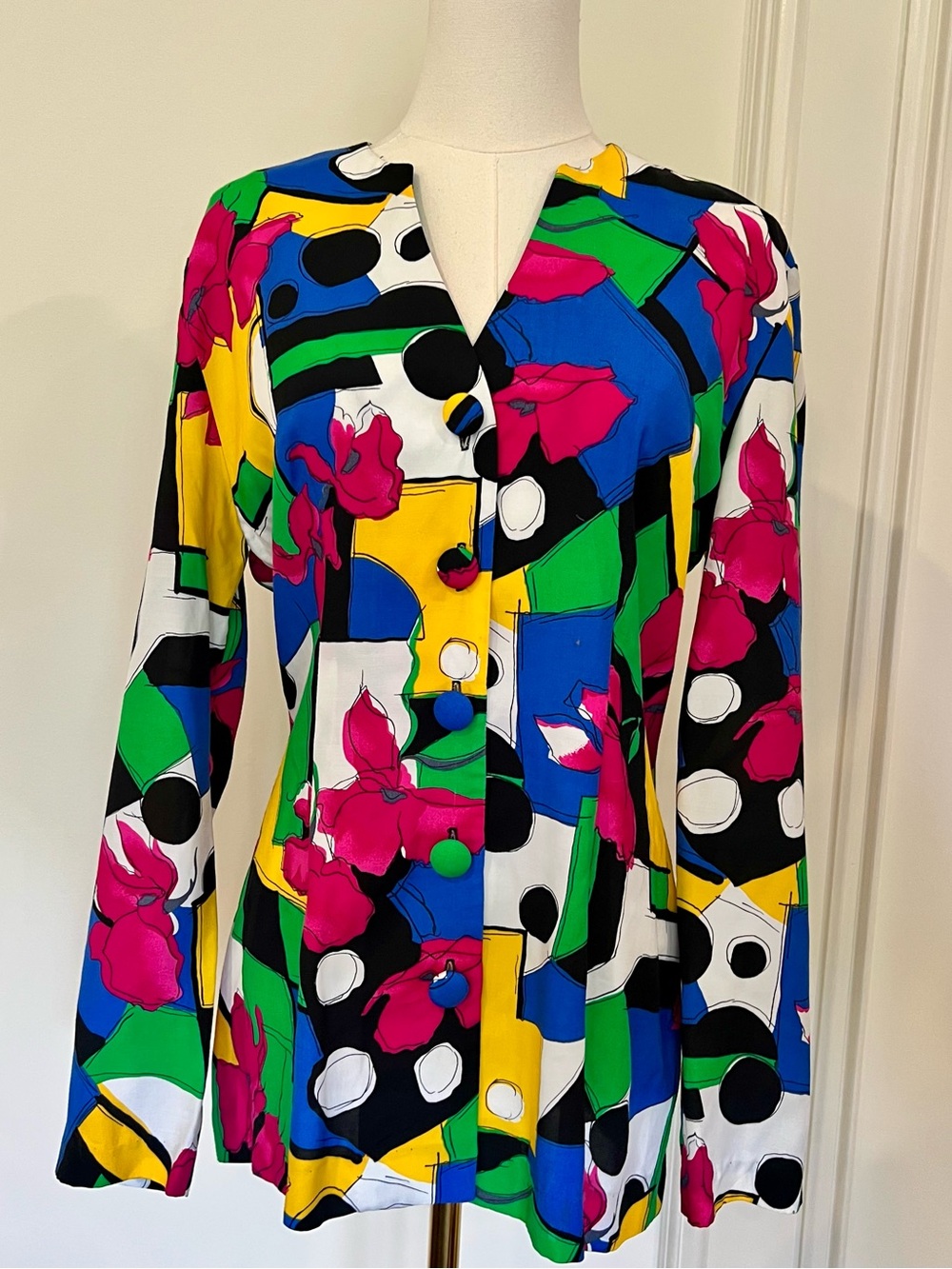Vintage 80s 90s Abstract Floral Colorblock Blazer Bold Art Print Indie Sleaze